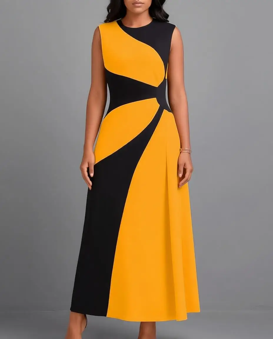 Womens Summer Sleeveless Round Neck Colorblock Patchwork Elegant Maxi A-Line Casual Party Fit And Flare Beach Swing Long Dress