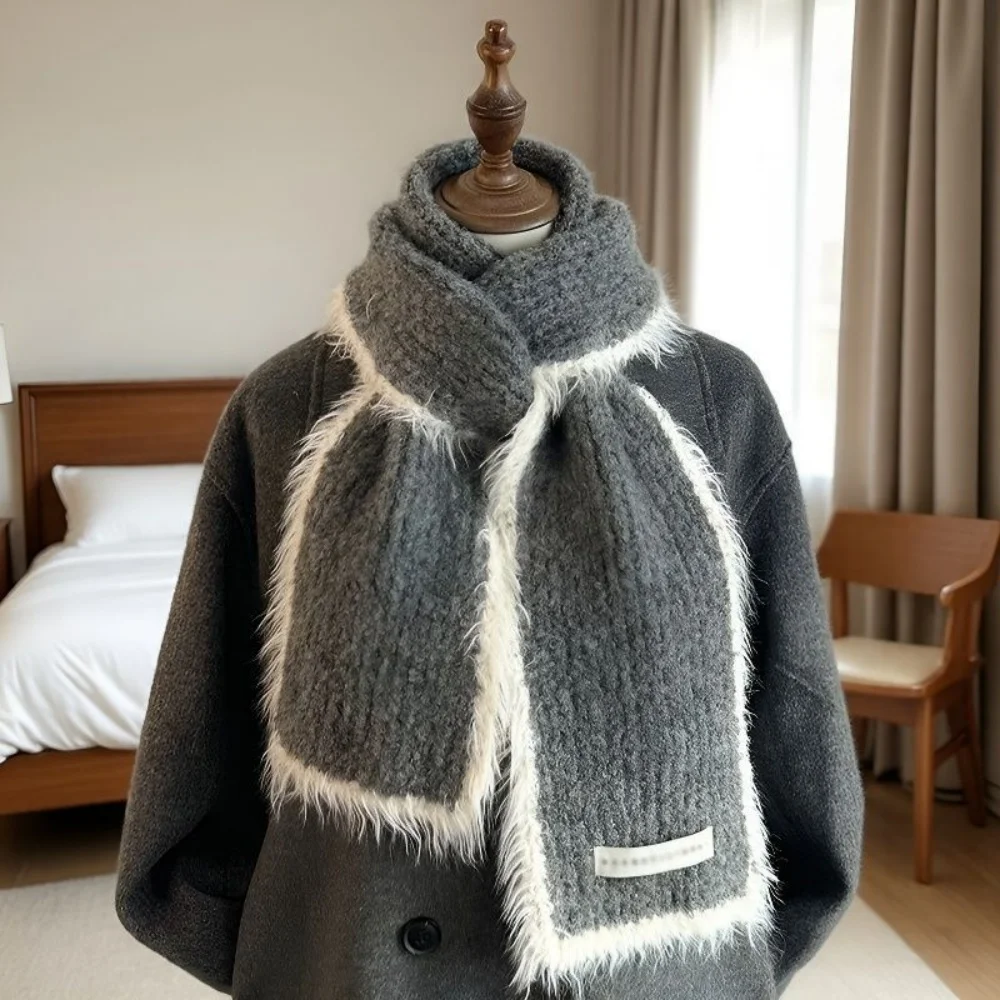 Winter Wool Knitted Scarf Contrast Color Woolen Edge Women Men Scarf Neck Cover Warmer Neckerchief Fashion Thick Long Scarves