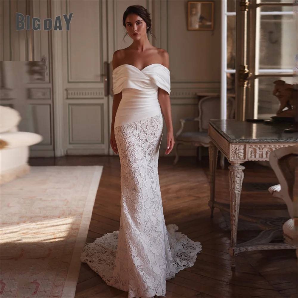 

BIGDAY Luxury Lace Mermaid Wedding Dress Women Off The Shoulder Pleat Open Back V-Neck Bridal Gown Vestido De Noiva Customized