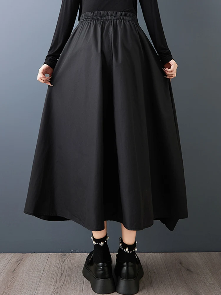 Falda plisada de cintura alta con cremallera empalmada Vintage negra para mujer, faldas largas informales holgadas a la moda de talla grande, ropa Sping otoño 2025