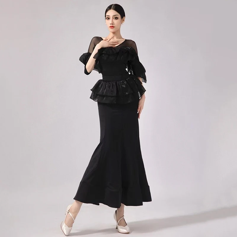 Ballroom Dansjurk Zwarte Ruches Tops Rok Vrouwen Wals Dansvoorstelling Kostuum Volwassen Oefenwedstrijd Kleding Bl12102