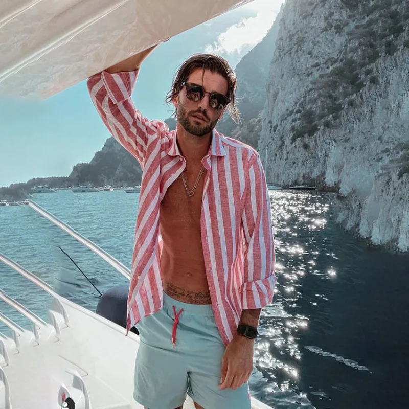 Hawaiian Multi-Color Breathable Striped Thin Men's Beach Casual Long Sleeve Shirt