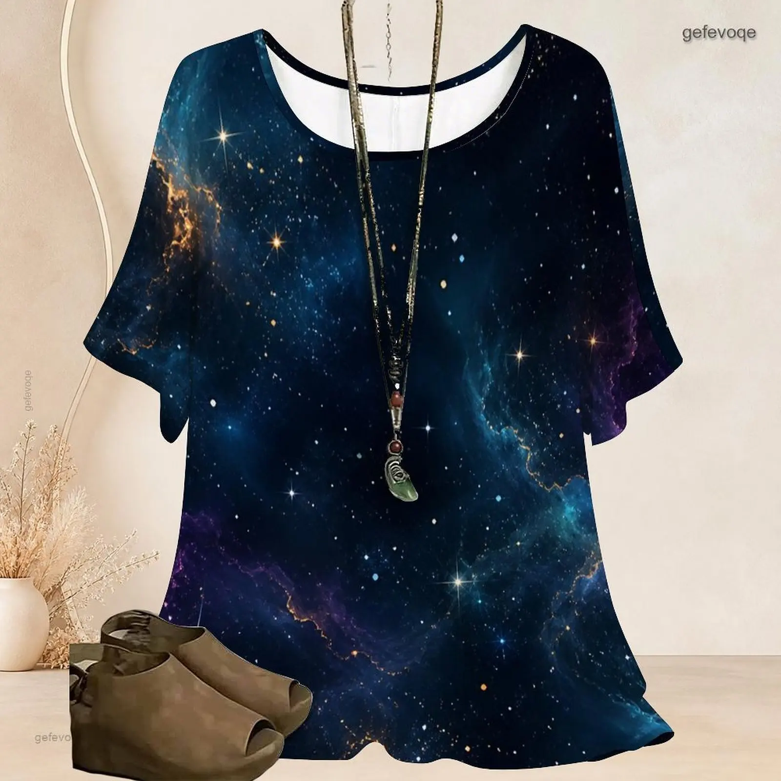 Women Galaxy Star Nebula Printed Round Neck Wide Batwing Short Sleeve Loose Top