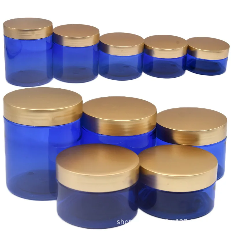 

24Pcs Empty Clear Dark Blue Cream Jar Cosmetic 100g 120g 150g 200g 250g Packing Matte Gold Lid Refillable Portable Face Mask Jar