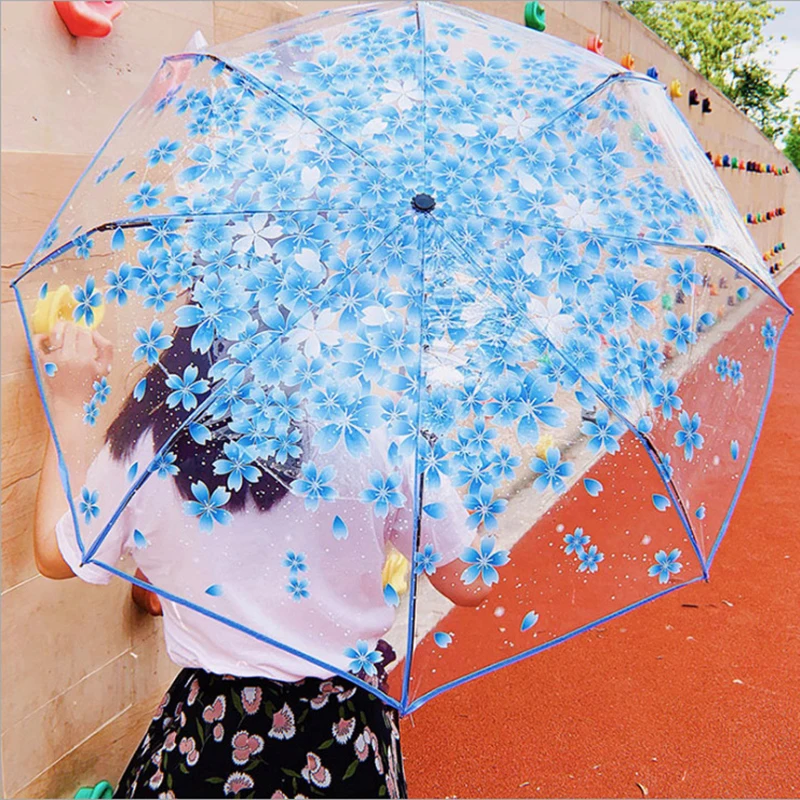 Korean Umbrella Cute Mini Fresh and Three-Fold Japanese Cherry Blossom Transparent Umbrella, Rainproof and Windproof