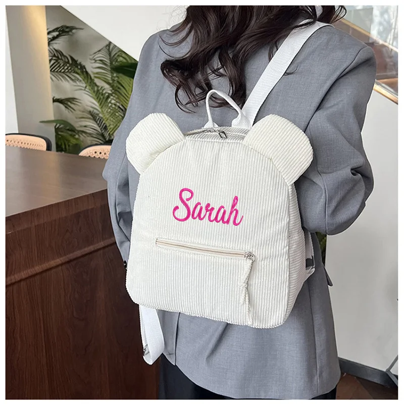 

Customized New Corduroy Casual Bear Backpack Personalized Name Children's Backpack Fashion Women's Bag Solid Color Backpack Bag