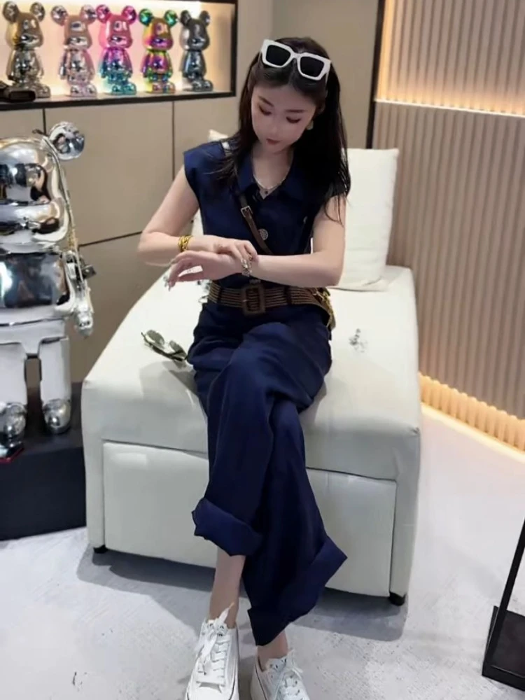 

Women's Summer V Neck Sleeveless Wide Leg Jumpsuit French Workwear Style Waist Cinching Slim Fit Solid Color Versatile Slimming