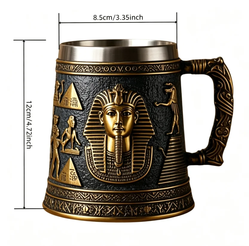 Ancient Egyptian Hieroglyph Beer Mug, Handmade Resin Tankard with Stainless Steel Liner, Bar Decor Souvenir Gift for Men