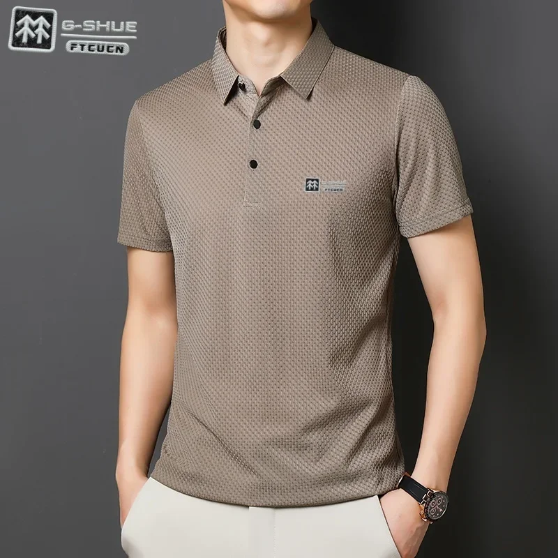 

2025 Men's smooth short-sleeved POLO shirt, breathable, comfortable, elastic top, brand-new casual business style, summer multi-