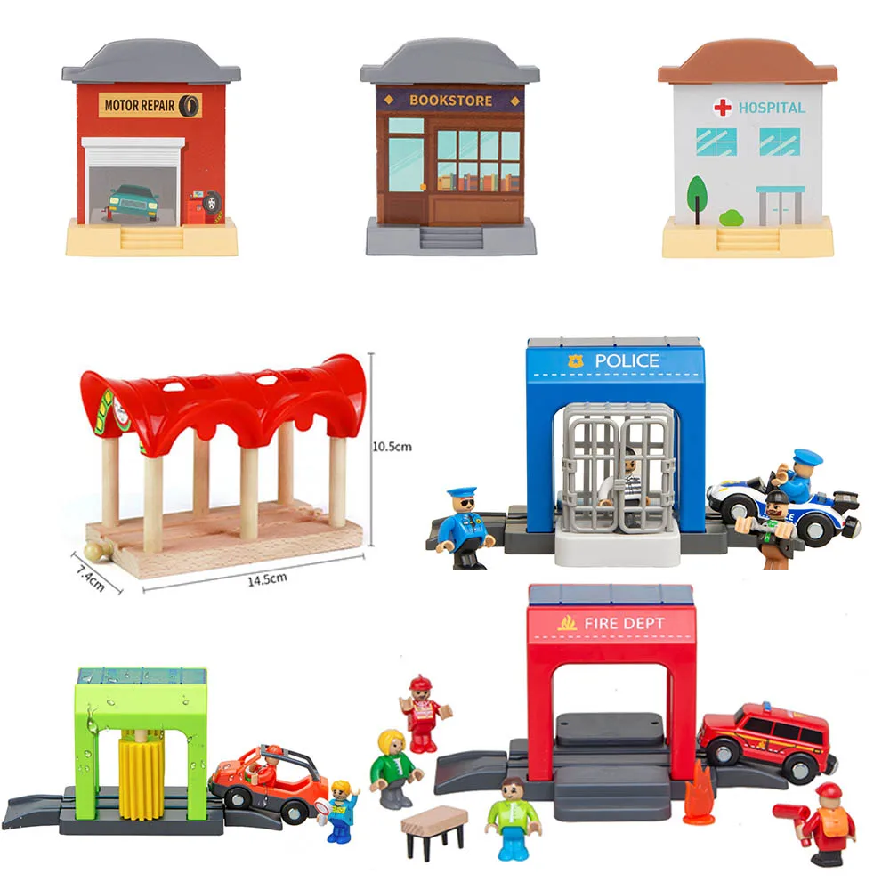 

Детали деревянного железнодорожного станции, деревянные аксессуары для железнодорожных автомобилей, игрушки, пригодные для всех брендов, гоночные треки, развивающие игрушки