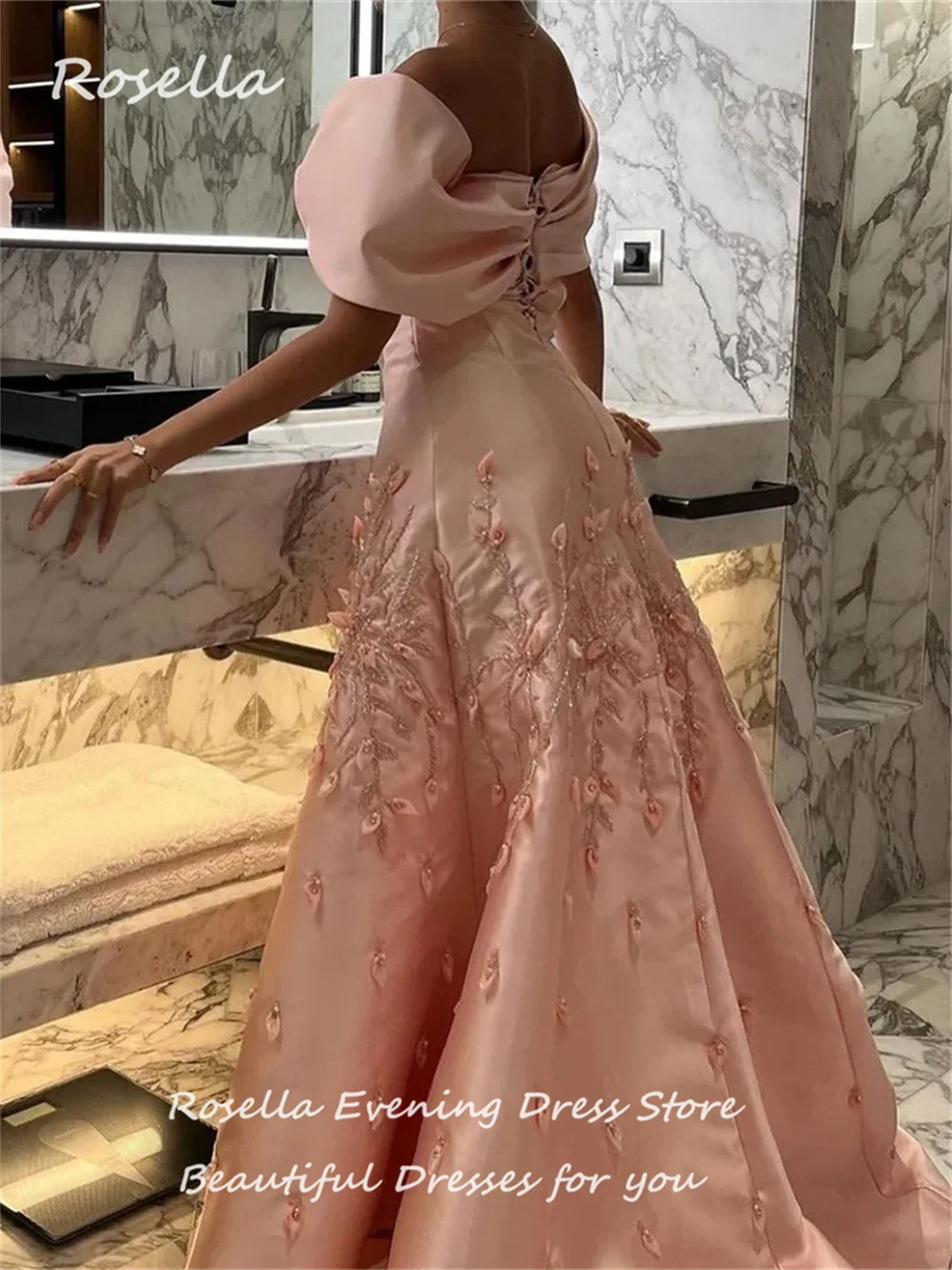 ROSELLA Pink Off Shoulder Women Evening Dresses A Line Floor Length Prom Gown 3D Flowers Beaded New 2023 فساتين الحفلات