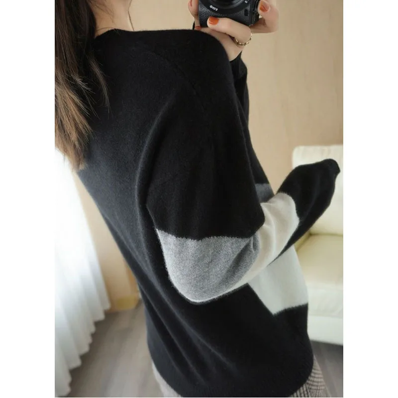 New Spring and Autumn Fashion Korean Edition Spliced Round Neck Loose Versatile Simple Slim Women\'s Long Sleeve Knitted Sweater