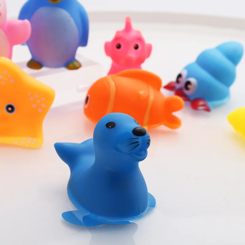 15pcs Baby Cute Animals Bath Toy Marine Animals Swimming Water Toys Rubber Float Squeeze Sound  Kids Wash Play Funny Gift