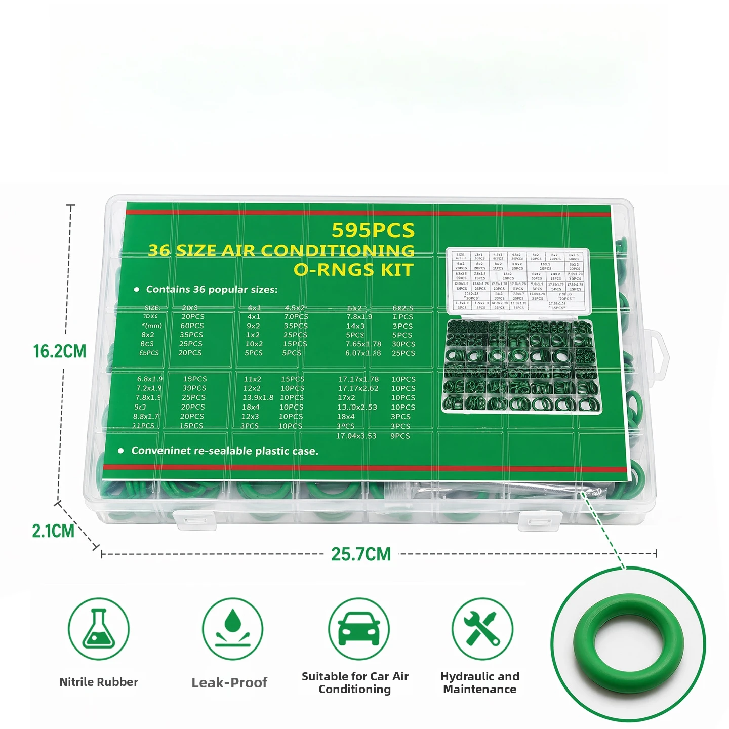 595 Pcs O Ring Kit Green 36 Different Sizes 25.7 16.2 2.1mm for Plumbing Faucet Automotive AC and Hydraulic Seals