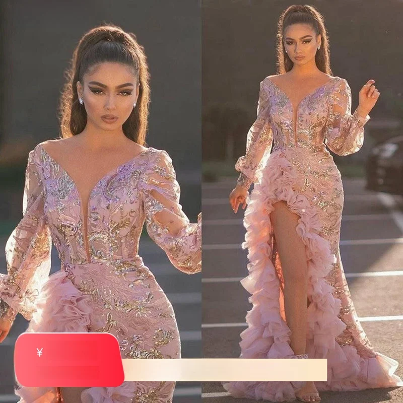 Seksowna długa suknia ślubna z tiulu Dr 2023, nowa, niezależna marka, różowa, z trenem, zdobiona koralikami, z wysokim stanem, z koronki, damska moda.