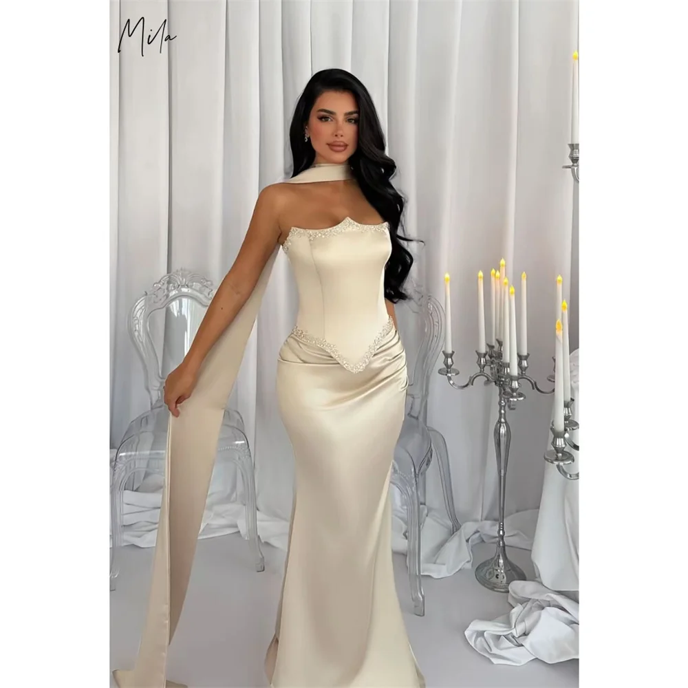

Mila Beige Strapless Prom Dress Sleeveless Satin Customized Luxurious Women Evening Dresses Elegant Mermaid vestidos de fiesta