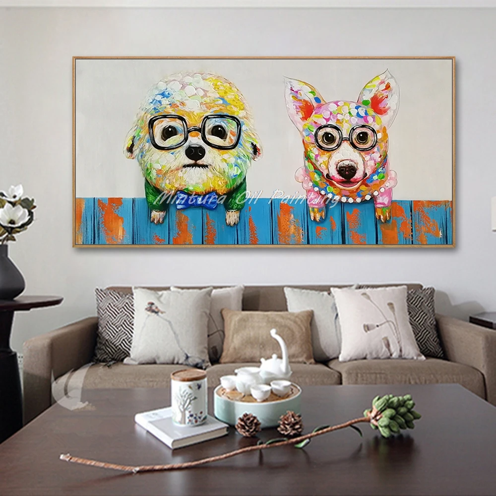 

Mintura Handpainted Abstract Animal Dog Couple Oil Painting On Canvas,Modern Pop Art Wall Picture For Children's Room Decoration