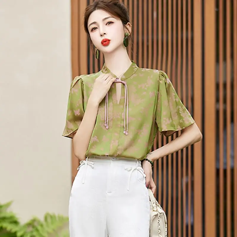Nowa koszula damska w stylu chińskim zapinana na guziki, żakardowa, letnia, nowa, elegancka, luksusowa bluzka.