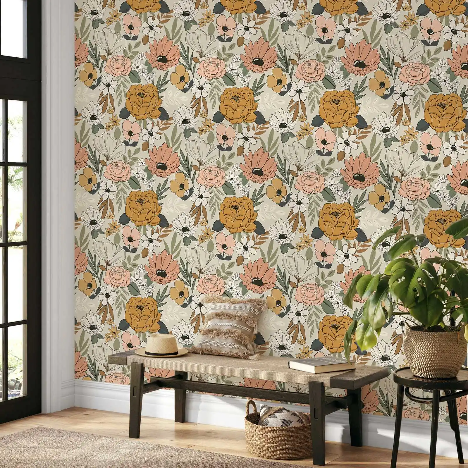 Vintage Cream Floral Contact Paper Peel And Stick Wallpaper Removable Wallpaper, Flower Mural Paper For Room Decoration,50*300cm