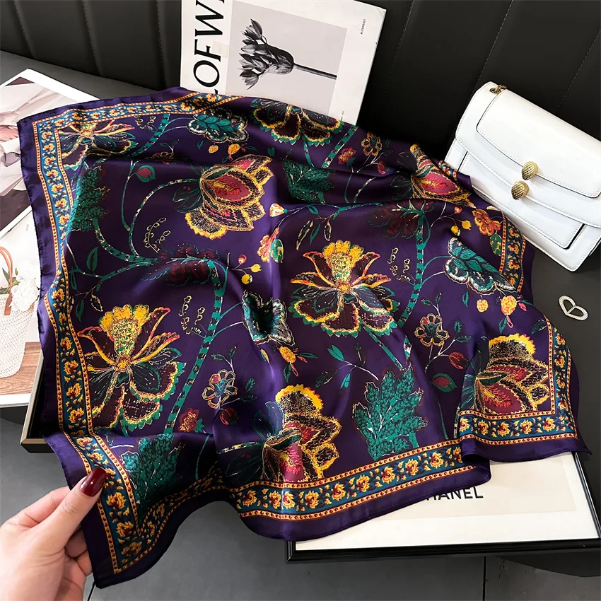 Women Silk Scarf Feeling Hair Neck Square Brand bandanna Muffler Waiter Flight Attendants Handkerchief Ring Sunscreen Print Wrap