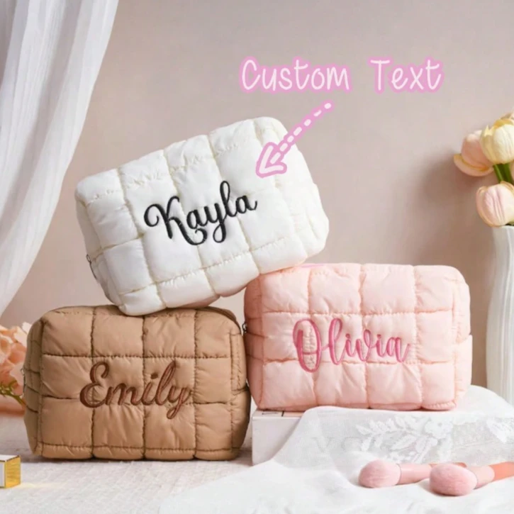Custom Name Personalized Quilted Makeup Bag Women Puffer Cosmetic Pouch Travel Toiletry Organizer Embroidery Cloud Storage Case