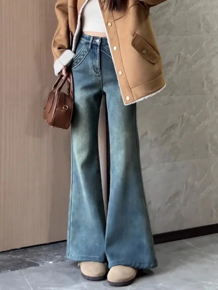 

plus Size High Waist Fleece Lined Micro Flared Denim Jeans Women Winter Pear Shape Body Wide Leg Hoof Long Pants