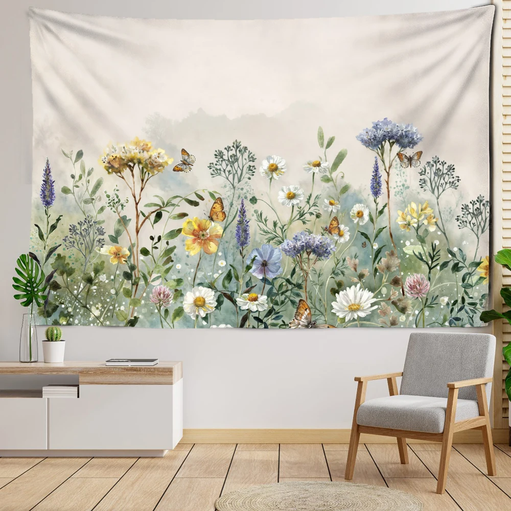 Wheat And Wildflower Tapestry Wall Hanging Natural Landscape Plants Simple Style Bohemian Dormitory Living Room Home Decor