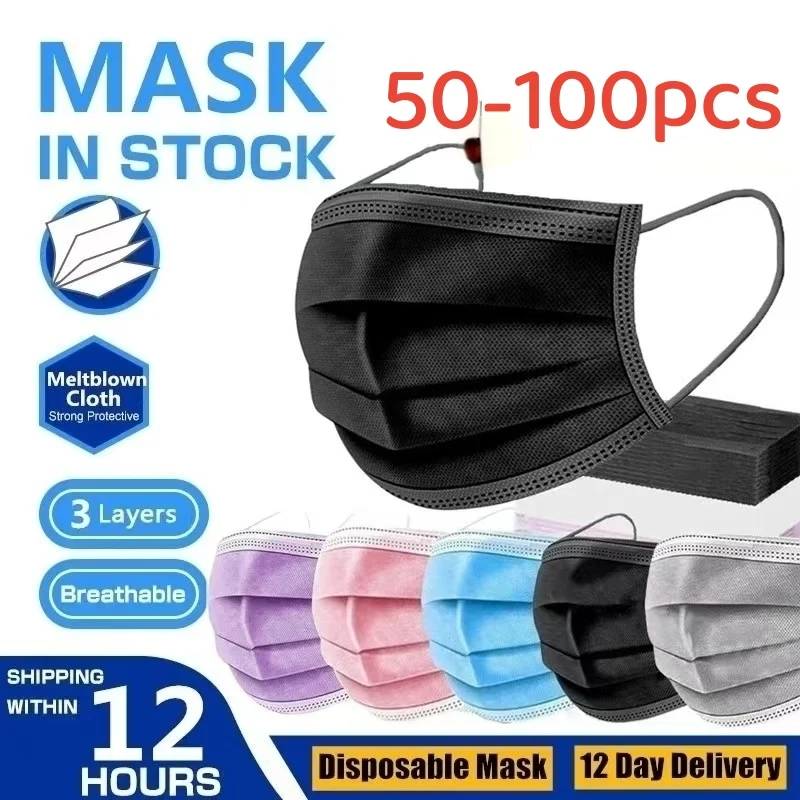 100PCS Mask Disposable Face Mask Black Nonwove 3 Layers Filter Anti Dust Breathable Protective Adult Mask Mouth Masks In Stock