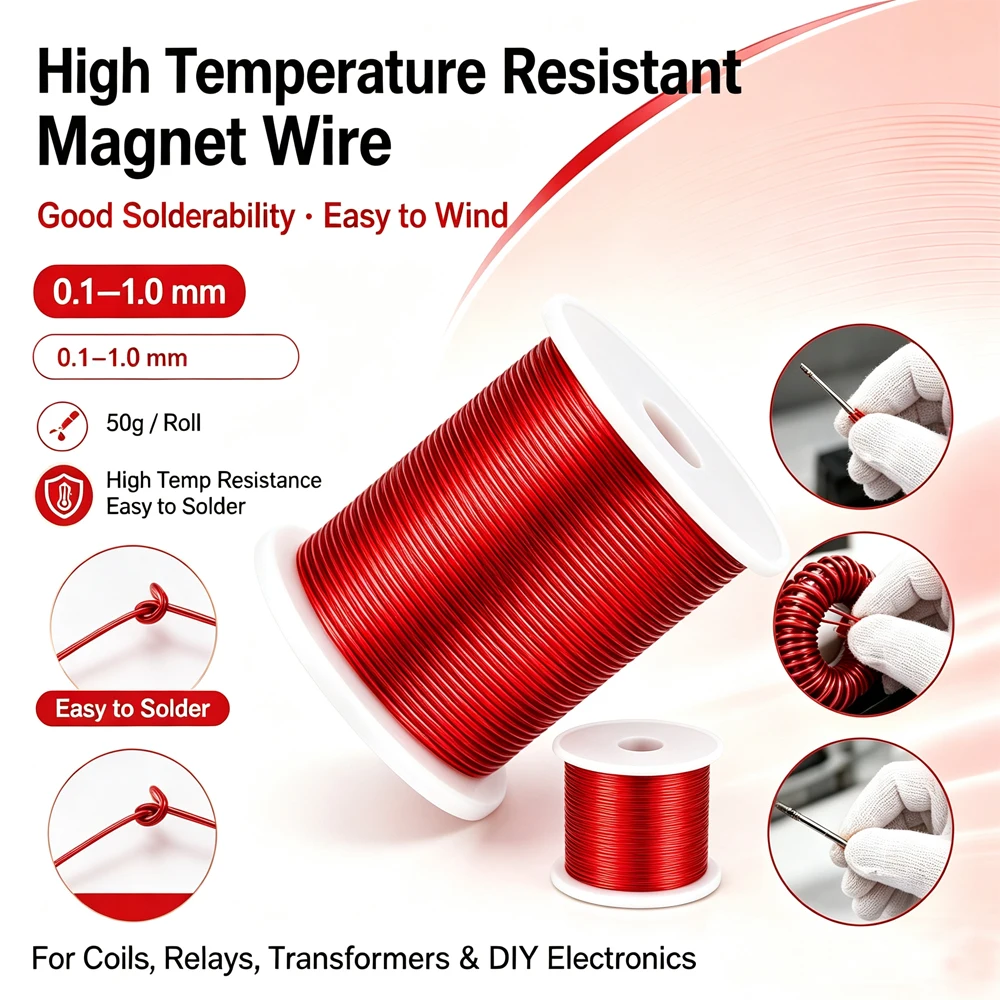 1-5Roll 0.1-1.0mm Red PU Enameled Coppers Magnet Wire, High Conductivity Insulated Coil Winding Craft Wire