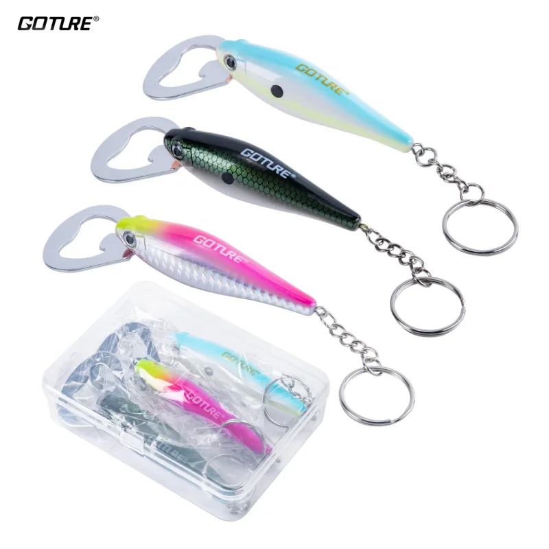 

Goture Openner Fishing Lure Shape Bottle Waterproof Durable Exquisite Painting Realistic 3D Eye Openner with Key Ring Design