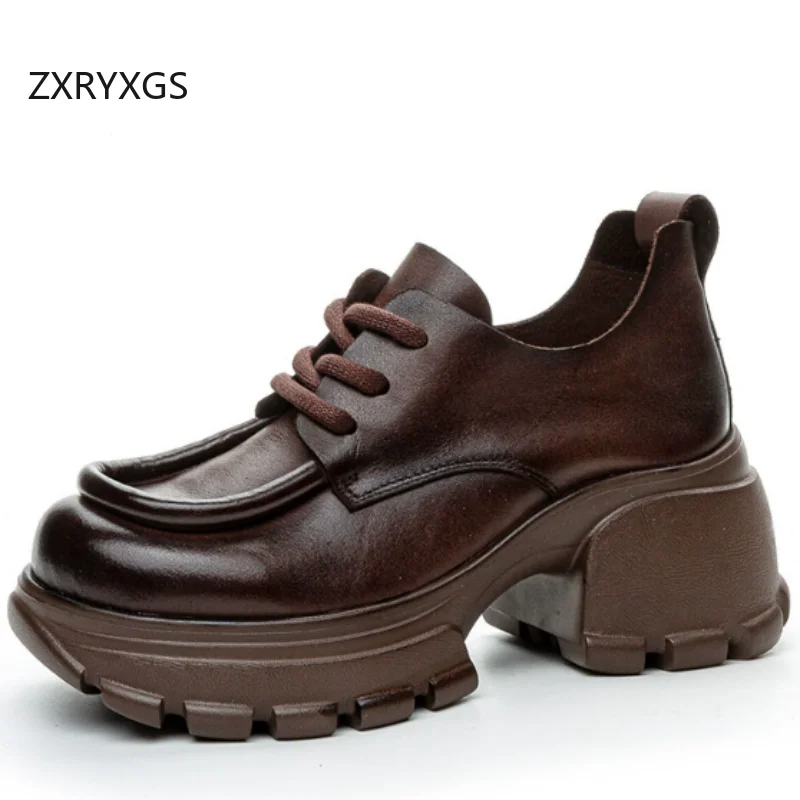 

ZXRYXGS 2026 Top Cowhide Full Real Leather Shoes Thick Sole Heighten Shoes Light High Heels Comfortable Round Toe Women Shoes