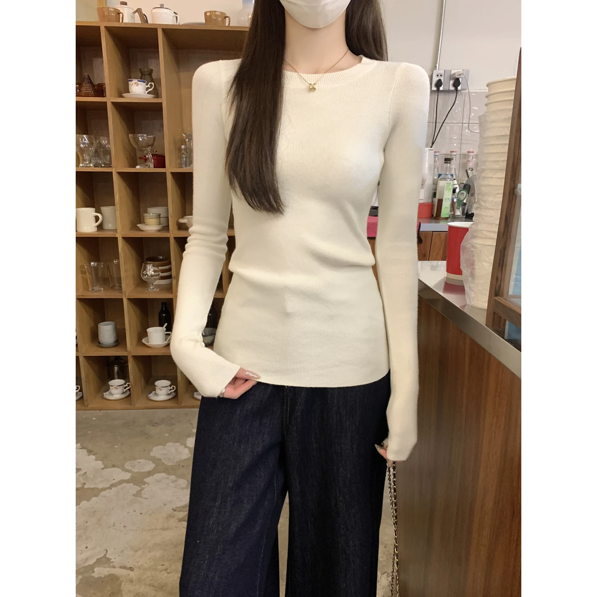 

Корейский облегающий вязаный свитер с круглым вырезом, универсальный, для ранней весны, модный, женский базовый слой, подходит для поездок на работу, с длинными рукавами