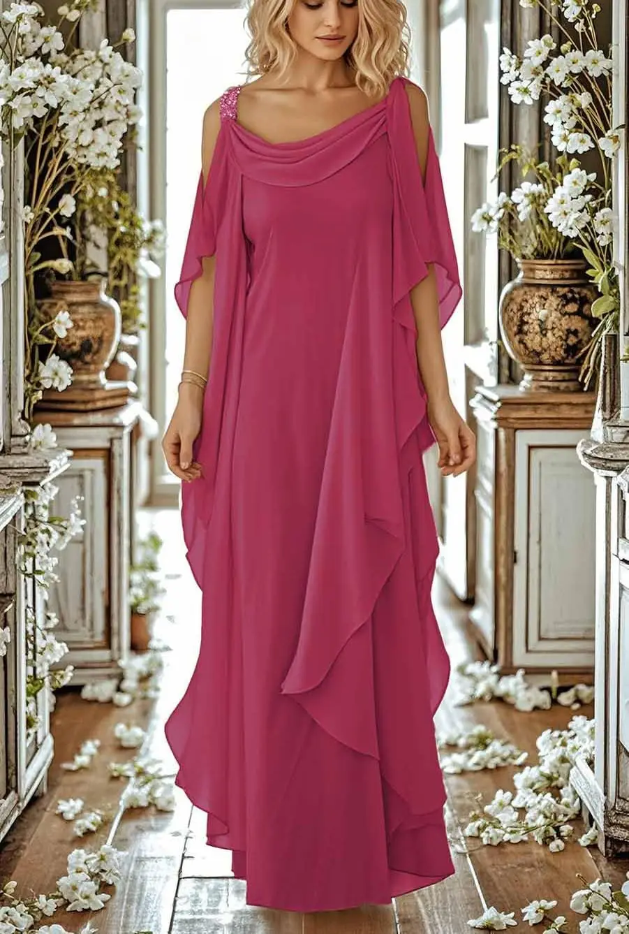 

Women's A-Line Elegant Mother of The Bride Dresses Scoop Half Sleeve Floor Length Formal Dress with Beading