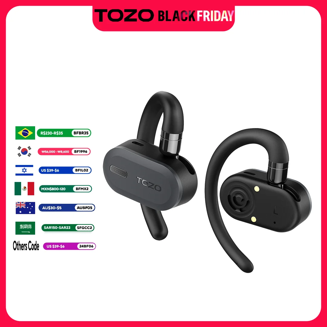 TOZO OpenBuds Open Ear Hooks Deep Bass Wireless Headphones Bluetooth 5.3 Earphones Earbuds Crystal-Clear Calls for Driving Sport