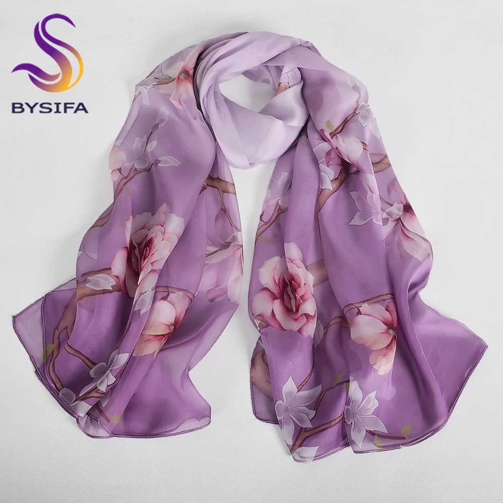 [BYSIFA] Purple 100% Mulberry Silk Scarf Wrap Fall Winter Magnolia Design Long Scarves Shawls Women Spring Summer Beach Shawl