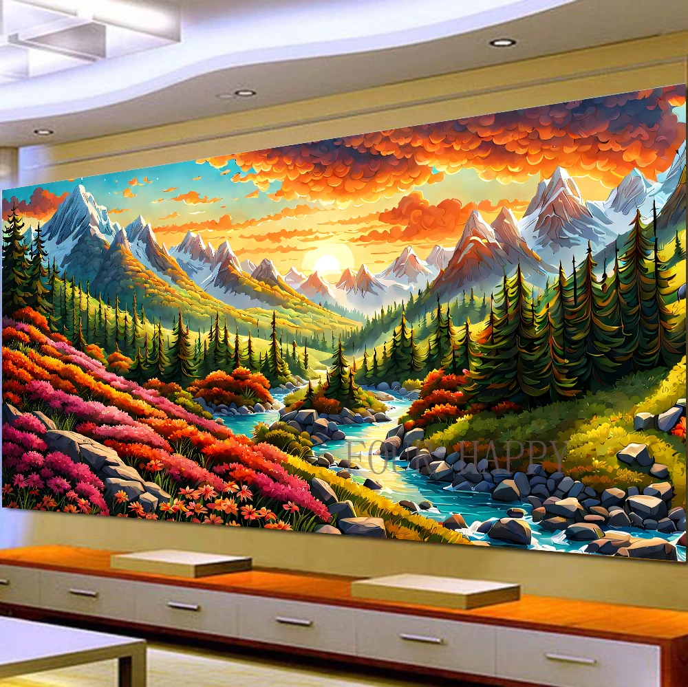 5D DIY Large Diamond Painting Cross Colorful mountain river forest Landscape Wall Art, Full Round Drill, Embroidery Home Decor