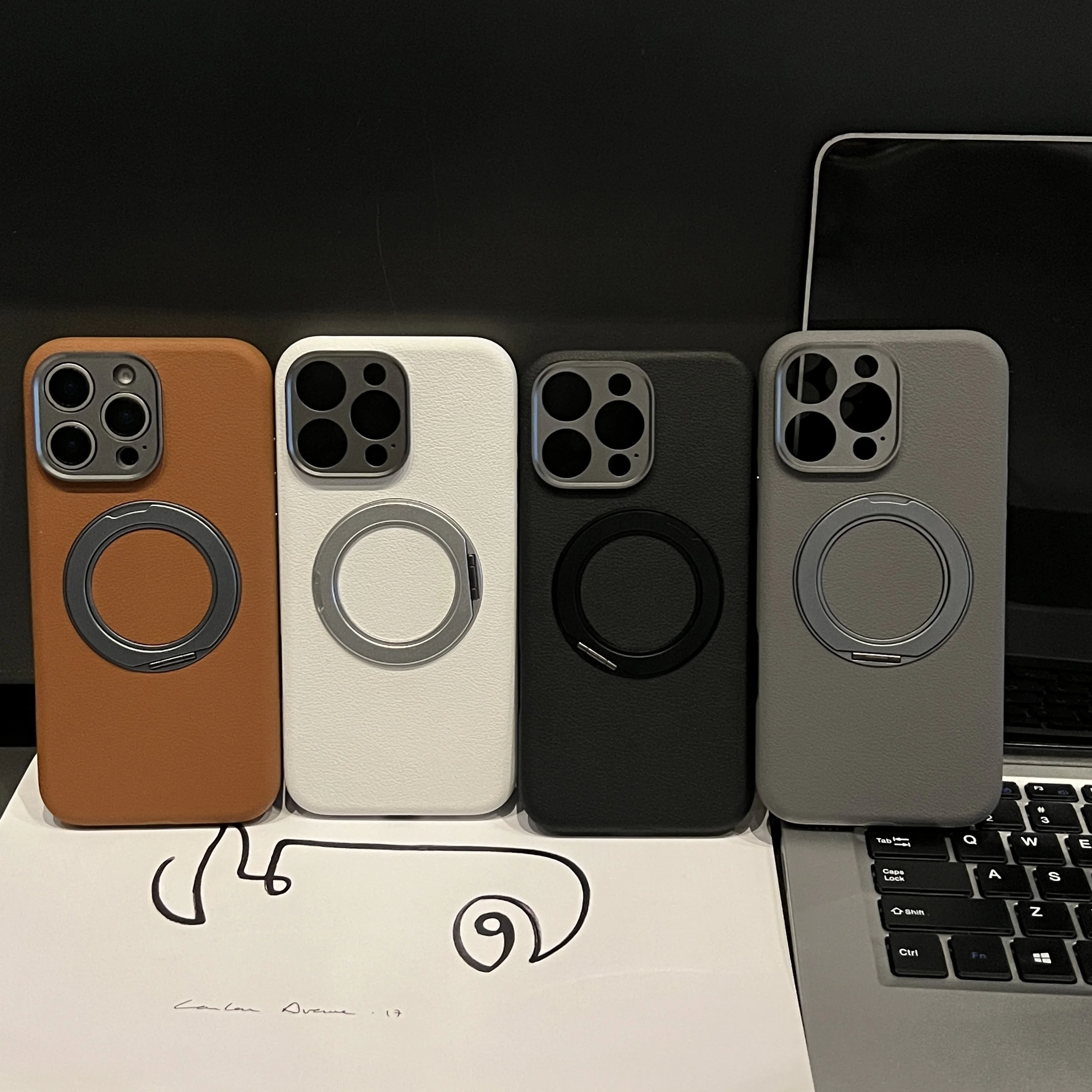 Premium Phone Case For iPhone 16 Pro Max Strong Magnetic Cover 360 Rotation Stand Vegan Leather With Camera Shutter Button