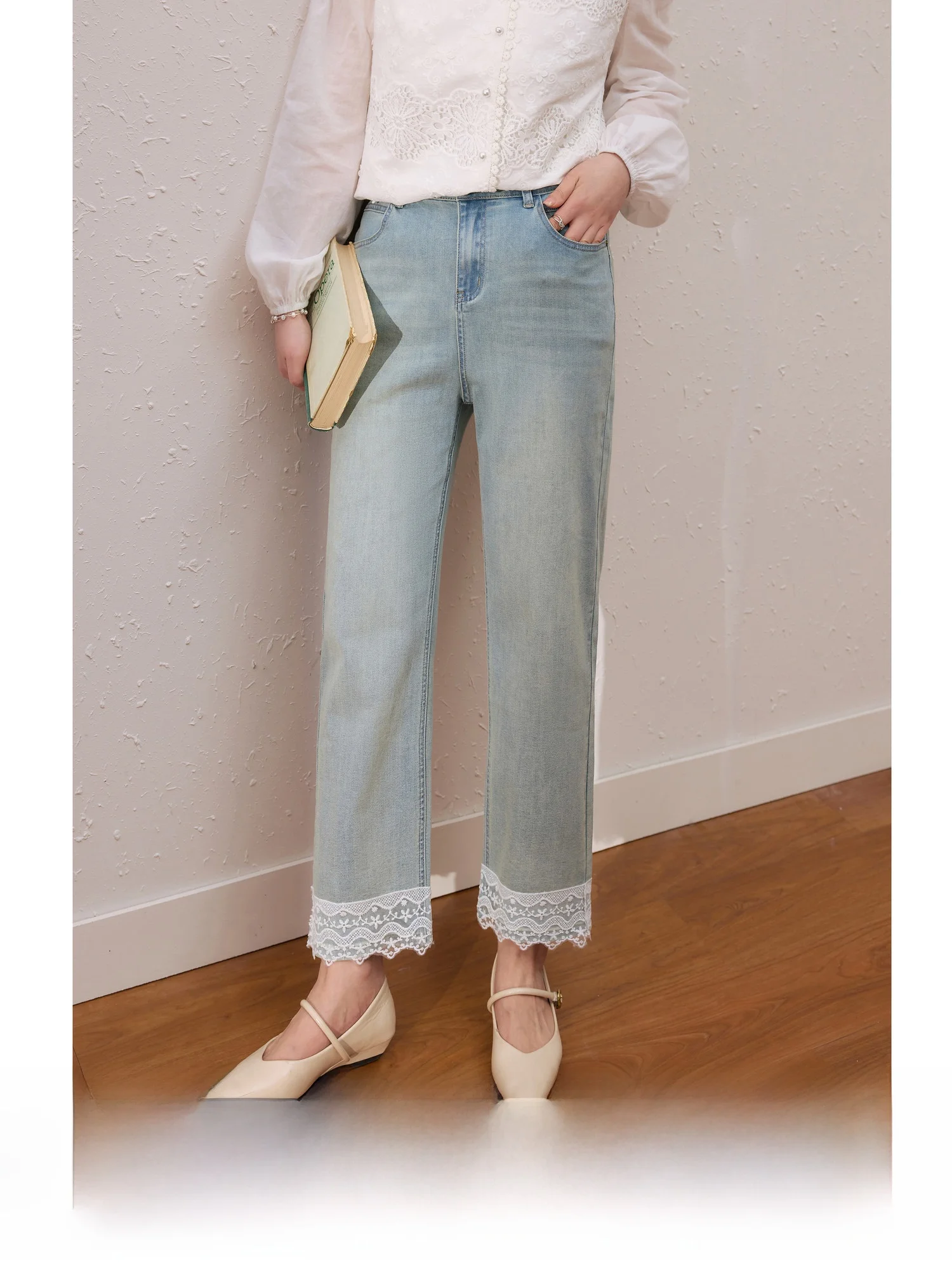 

Faionable Lace Splice Jeans High Waist Hip Concealing Slimming Nine-Piece Straight Leg Blue Language plus Size Women's Spring