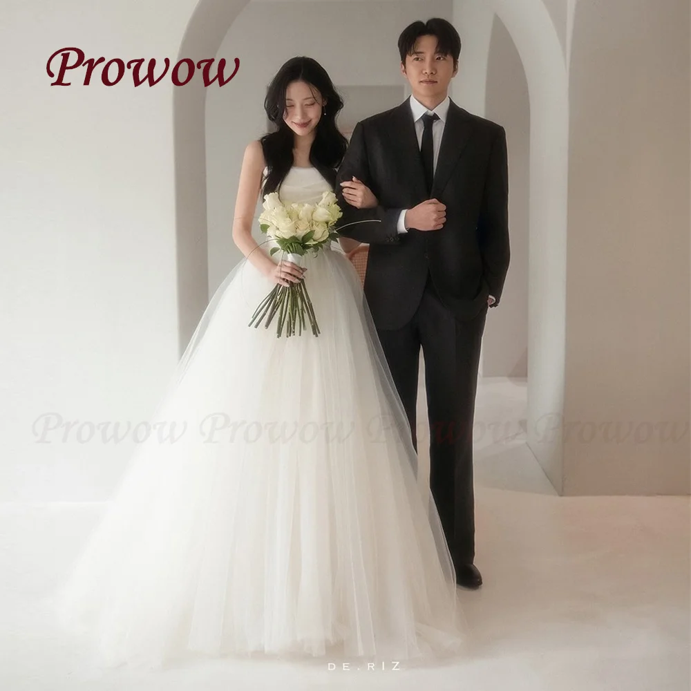 

Prowow Simple Strapless A Line Wedding Dress Korea Photo Shoot Sleeveless Soft Tulle Bridal Gown Pleated Corset Zip Customized