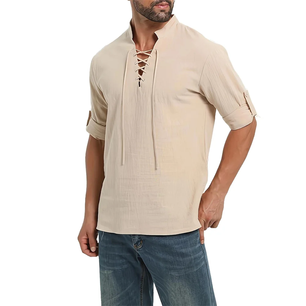 Spring Autumn Men's Pirate Shirt Vintage Medieval Viking Lace Up Henley Neck Cosplay Long Sleeve Tops Cotton Linen Gothic Shirts