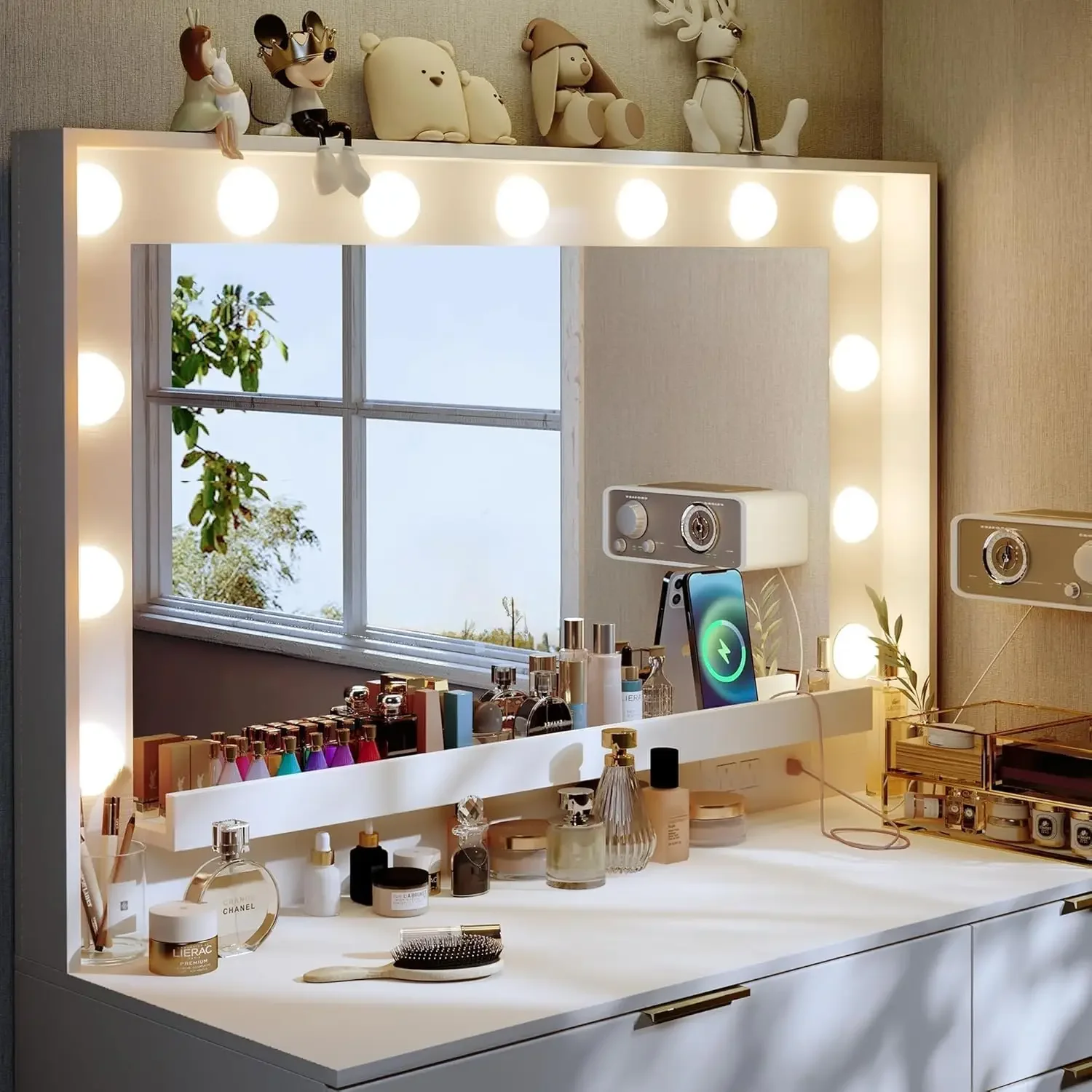 Makeup Vanity Desk with Large Mirror and 13 LED Lights, Vanity Table with Power Outlet & 5 Drawers, 3 Lighting Color Adjustable,