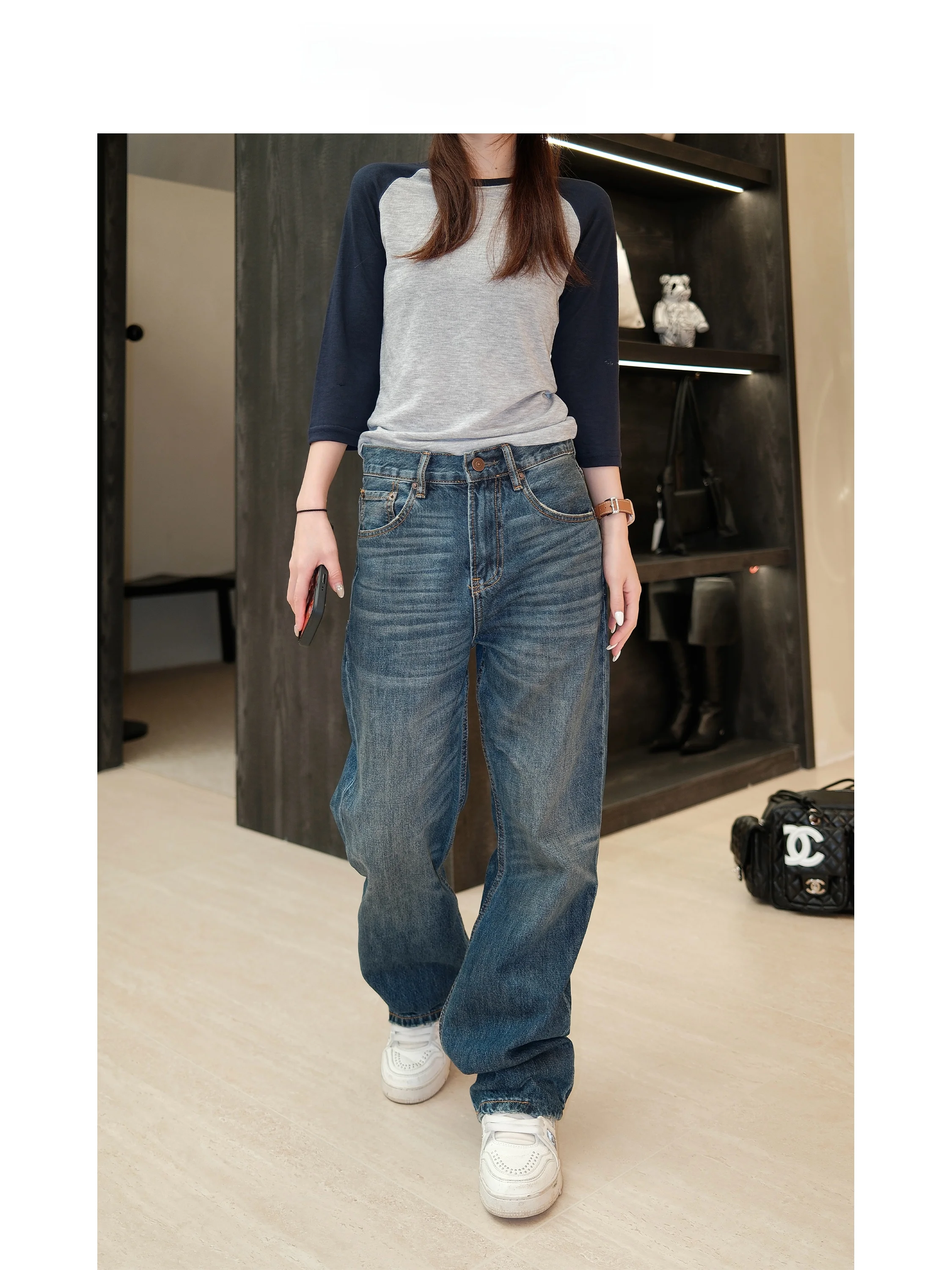 Calça Jeans Retrô Lavada com Efeito Desgastado, Corte Reto, Casual, Unissex, Cintura Média, Algodão, Quente, Todas as Estaçõe...