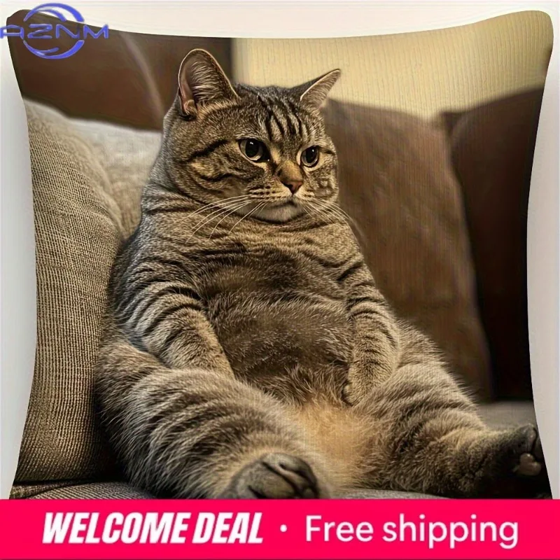 1pc Large Fluffy Gray Tabby Cat Pillow Cover - Soft Polyester Cushion Case with Zipper Closure, Realistic Sitting Cat Design