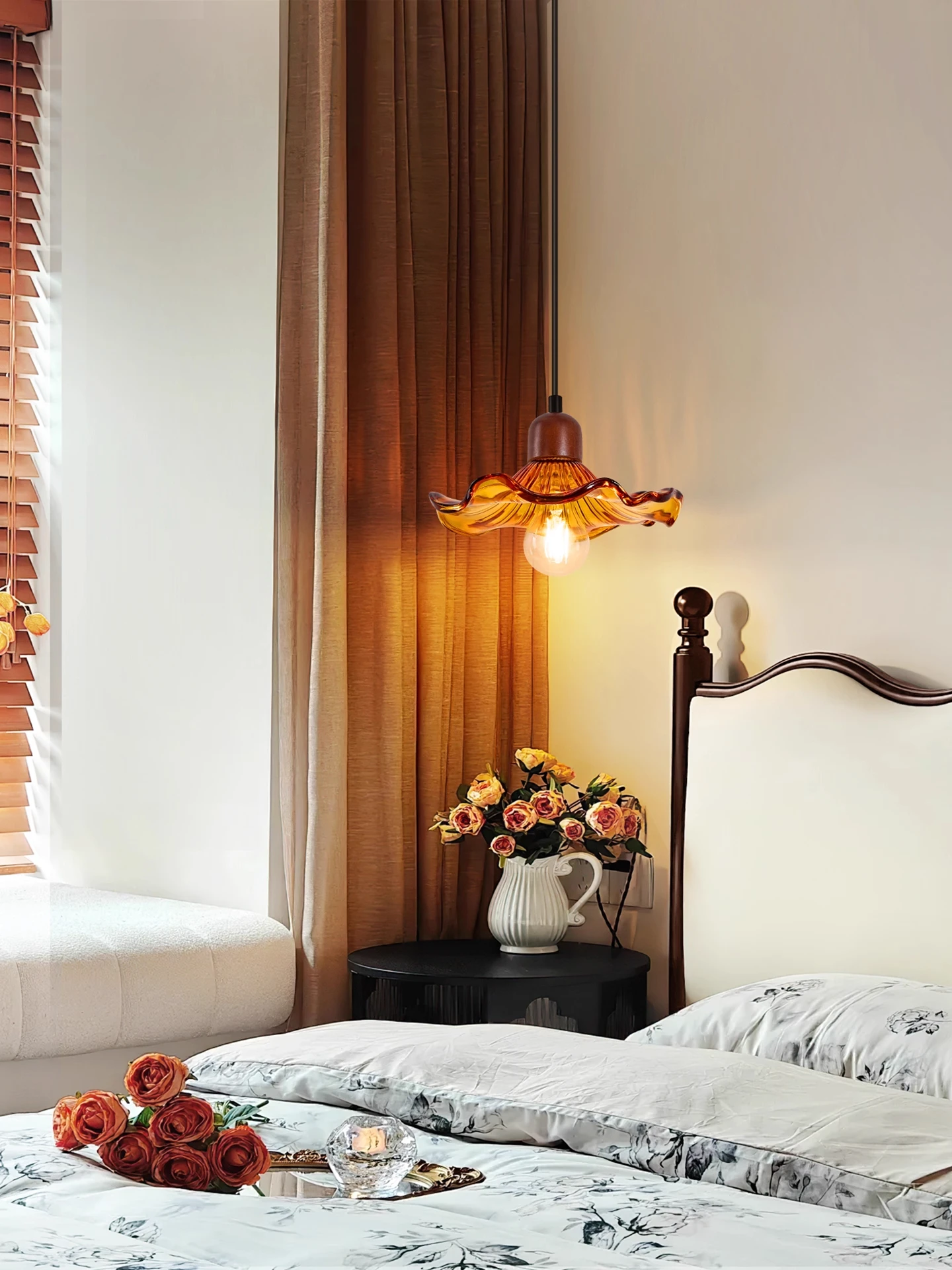 

French style antique bedroom headboard pendant light vintage amber highend feel light luxury entrance hallway hanging line light