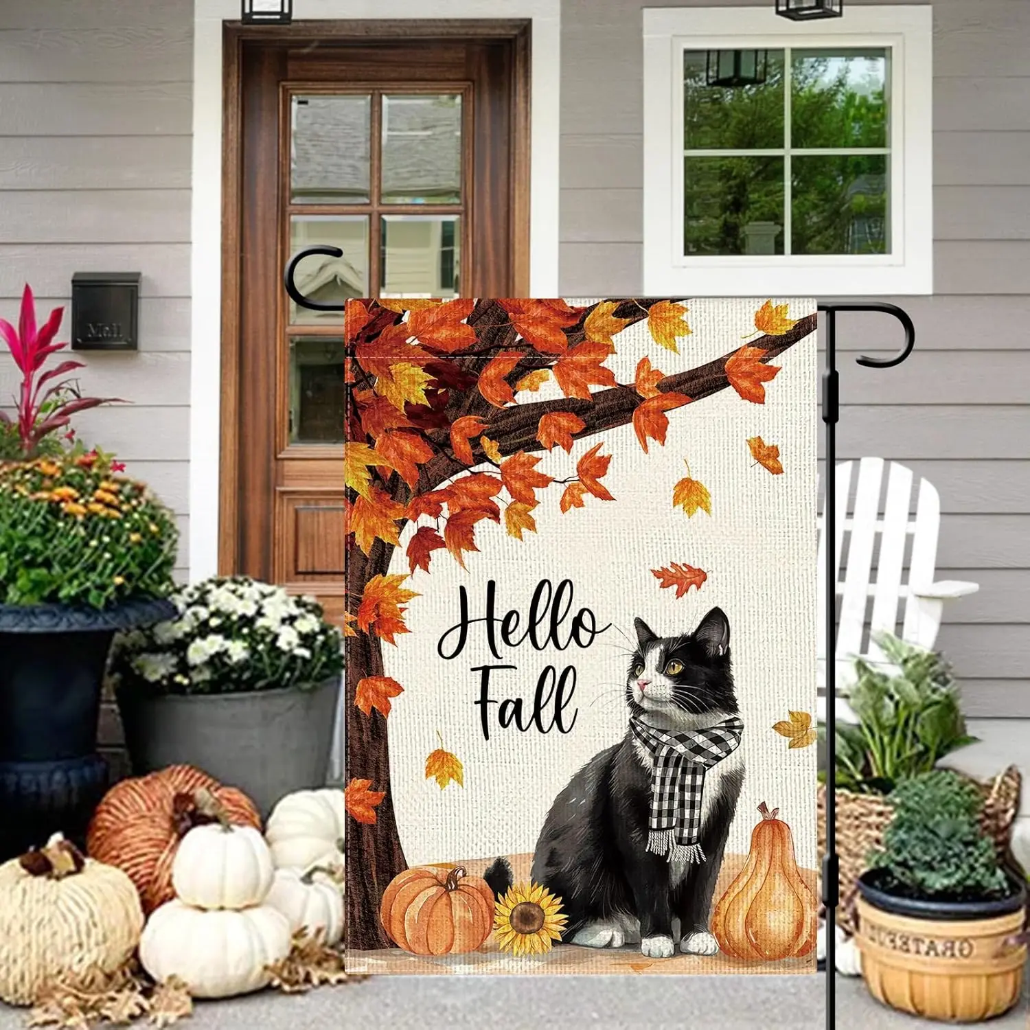DLZDN Hello Fall Cat Garden Flag Pumpkins Maple Leaves Flag 12×18 Inch Double Side Vertical Burlap Farmhouse Yard Sign Autum UUN