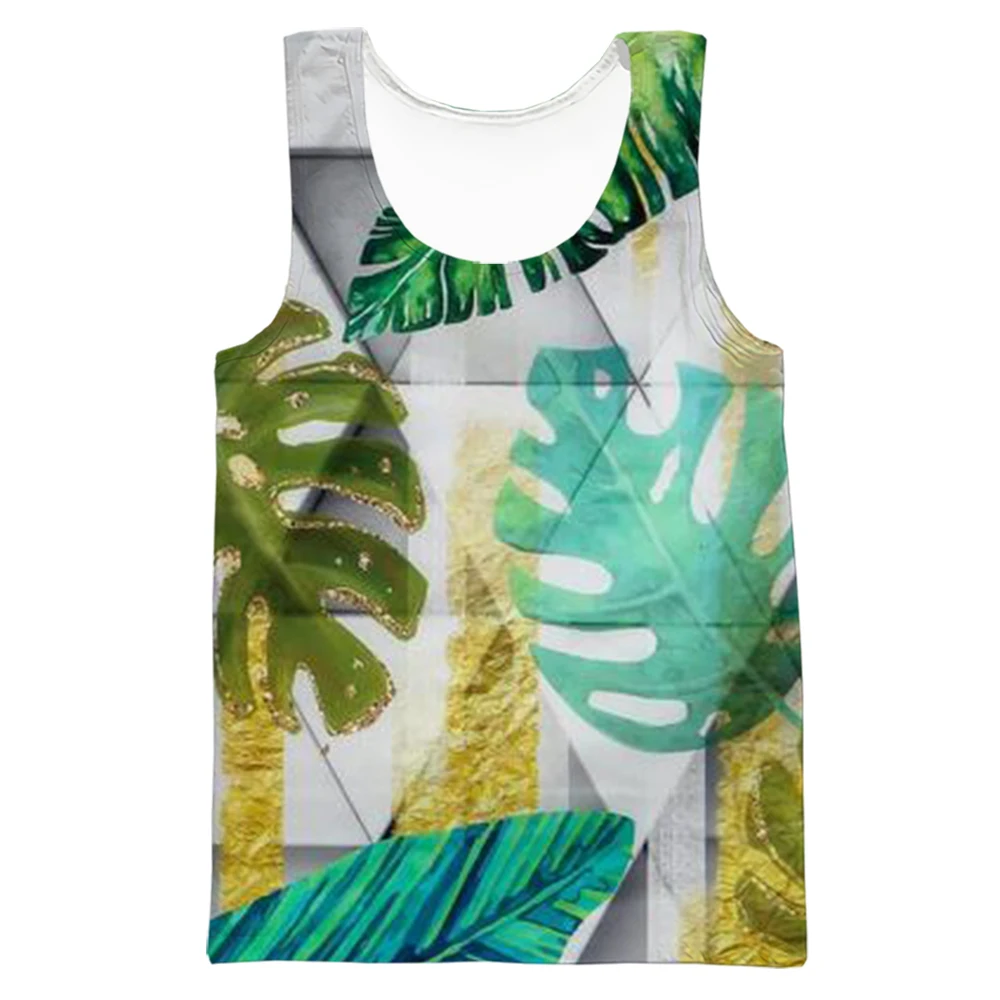 

HX Fashion Tank Tops Hawaiian Tropical Plant Monstera Leaves Splicing Print Vest Casual Beach Tops Streetwear Mens Tank Top