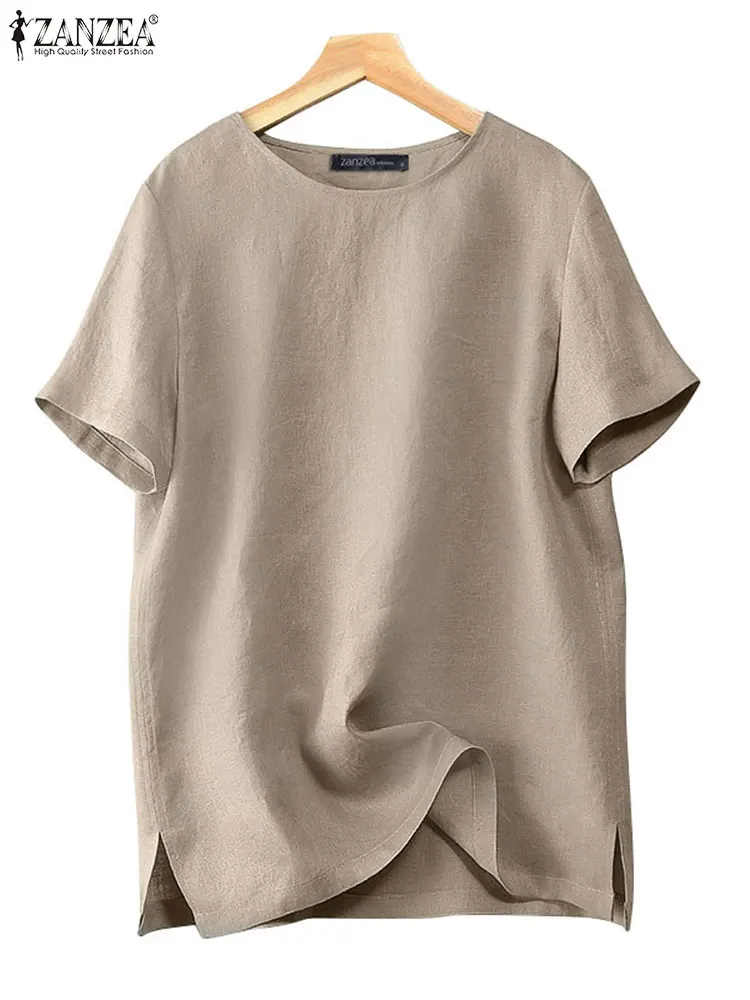 Women Summer Blouse ZANZEA 2024 Elegant Solid Tops Casual Short Sleeve Work Blusas Female Split Cotton Tunic Oversize Chemise