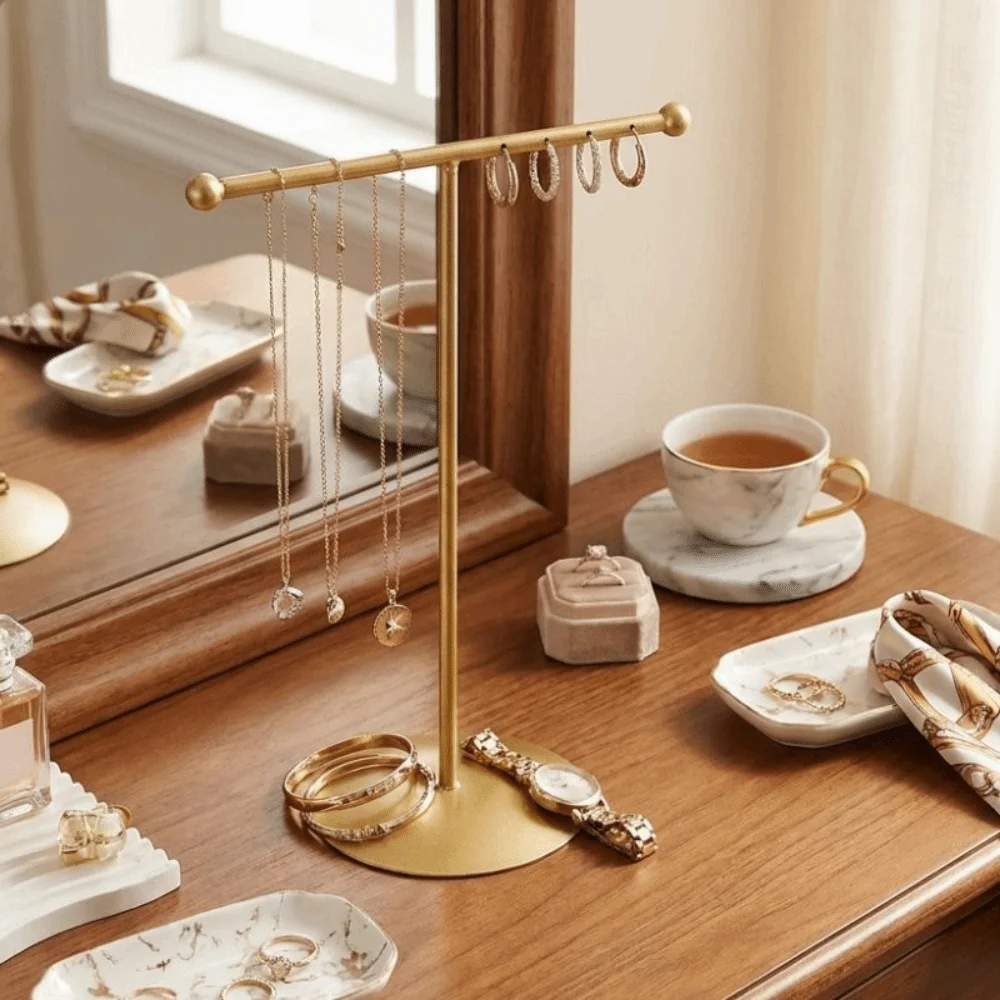 Metal Frame Jewelry Display Stand Round Base Single Layer T-Shaped Stand Space Saving Horizontal Bar Jewelry Storage Rack