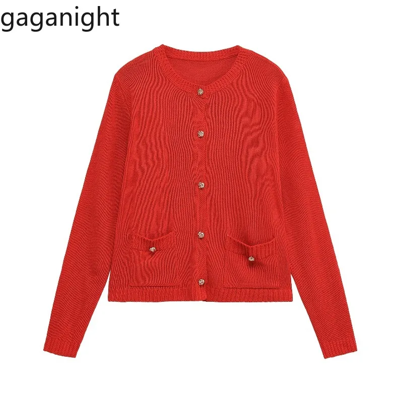 

Gaganight Knitted Cardigan Women O Neck Single Breasted Pockets Fashion Outwear Stretch Solid Elegant Fashion Sweater Female
