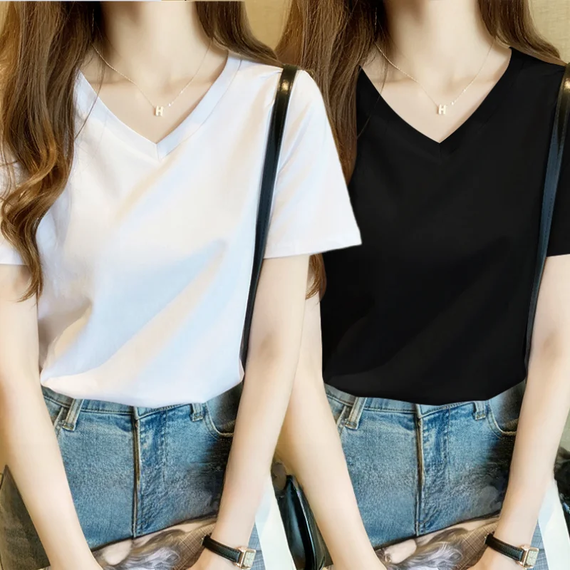 Women's V-Neck Short Sleeve T-Shirt Loose Fit Thin Summer Top Two-Piece Set Casual Comfortable Breathable Slimming Effect